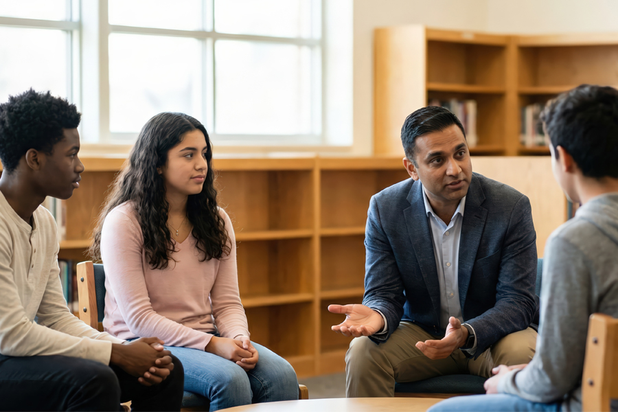 Students, sitting dow, listen to their instructor during discussion