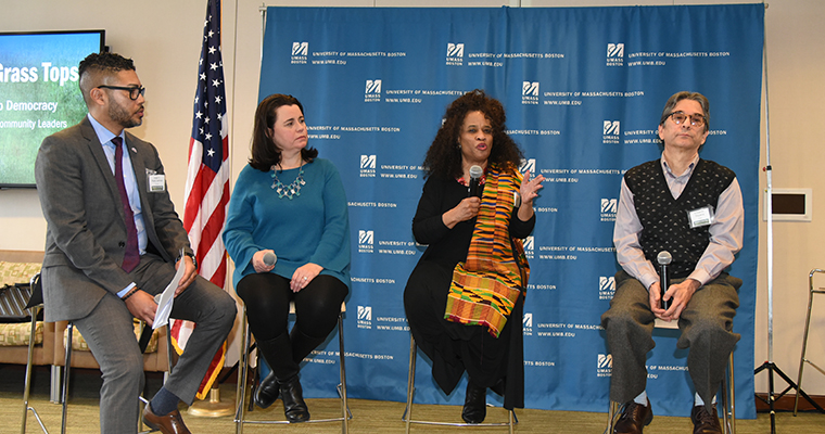 UMass Boston professors sit on a panel moderated by UMass Boston alum Imari K. Paris Jeffries (left)