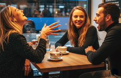 Group of friends interacting, a woman gesturing with an unnatural hand