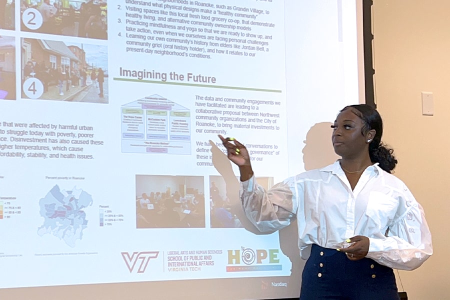 Student points at projected slide with title Imagine the Future.